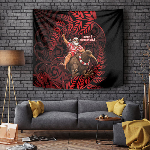 New Zealand Christmas Tapestry Red Santa Riding Kiwi Bird Silver Fern