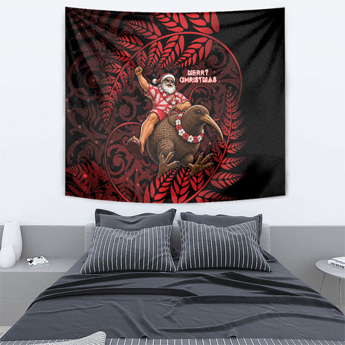 New Zealand Christmas Tapestry Red Santa Riding Kiwi Bird Silver Fern