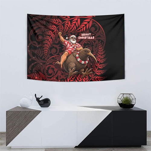 New Zealand Christmas Tapestry Red Santa Riding Kiwi Bird Silver Fern