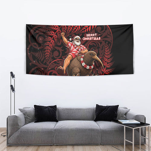 New Zealand Christmas Tapestry Red Santa Riding Kiwi Bird Silver Fern