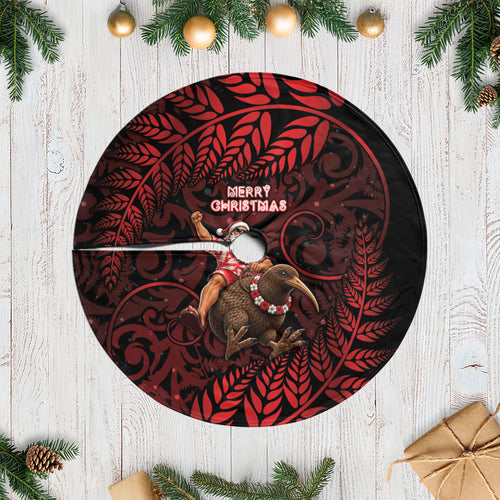 New Zealand Christmas Tree Skirt Red Santa Riding Kiwi Bird Silver Fern