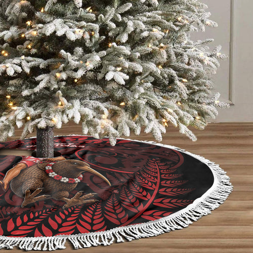 New Zealand Christmas Tree Skirt Red Santa Riding Kiwi Bird Silver Fern