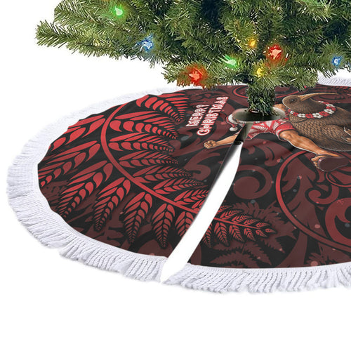 New Zealand Christmas Tree Skirt Red Santa Riding Kiwi Bird Silver Fern