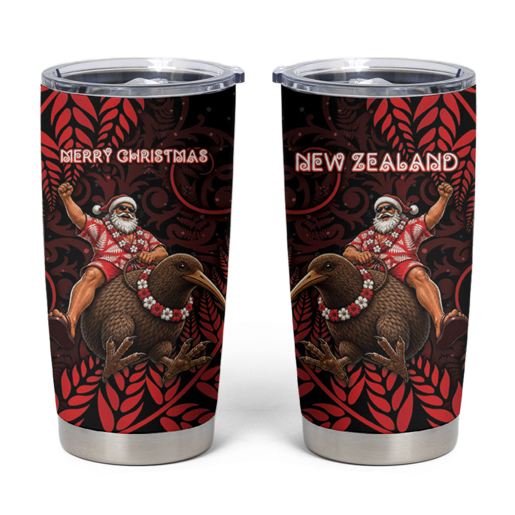 New Zealand Christmas Tumbler Cup Red Santa Riding Kiwi Bird Silver Fern