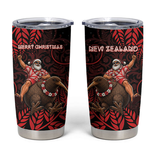 New Zealand Christmas Tumbler Cup Red Santa Riding Kiwi Bird Silver Fern