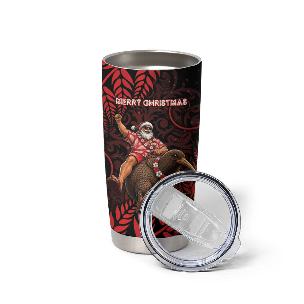 New Zealand Christmas Tumbler Cup Red Santa Riding Kiwi Bird Silver Fern
