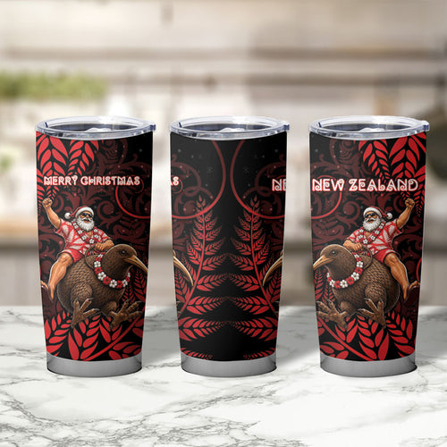 New Zealand Christmas Tumbler Cup Red Santa Riding Kiwi Bird Silver Fern