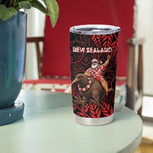 New Zealand Christmas Tumbler Cup Red Santa Riding Kiwi Bird Silver Fern