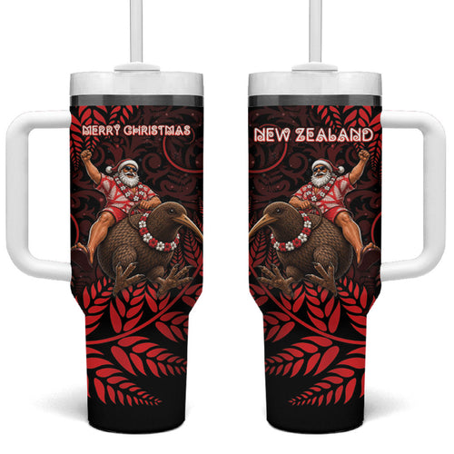 New Zealand Christmas Tumbler With Handle Red Santa Riding Kiwi Bird Silver Fern