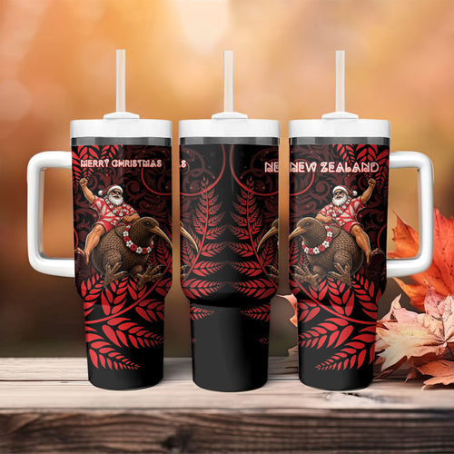 New Zealand Christmas Tumbler With Handle Red Santa Riding Kiwi Bird Silver Fern