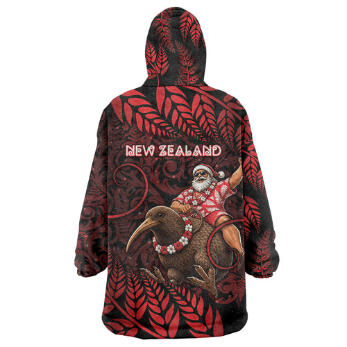 New Zealand Christmas Wearable Blanket Hoodie Red Santa Riding Kiwi Bird Silver Fern
