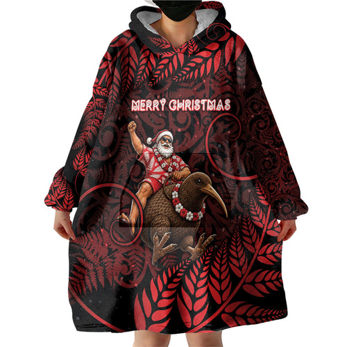 New Zealand Christmas Wearable Blanket Hoodie Red Santa Riding Kiwi Bird Silver Fern
