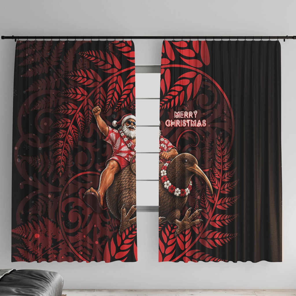 New Zealand Christmas Window Curtain Red Santa Riding Kiwi Bird Silver Fern