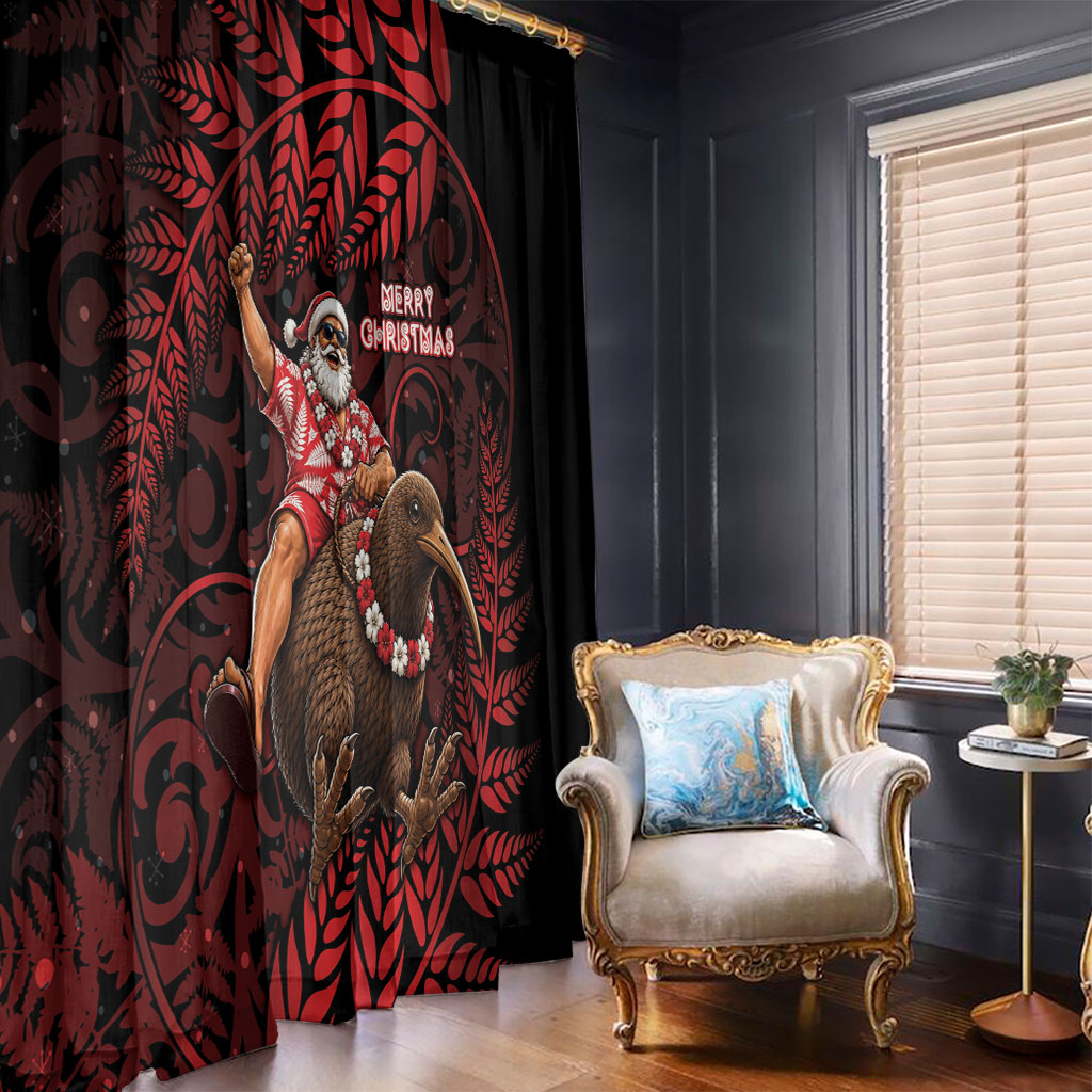 New Zealand Christmas Window Curtain Red Santa Riding Kiwi Bird Silver Fern