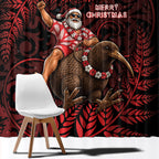 New Zealand Christmas Window Curtain Red Santa Riding Kiwi Bird Silver Fern