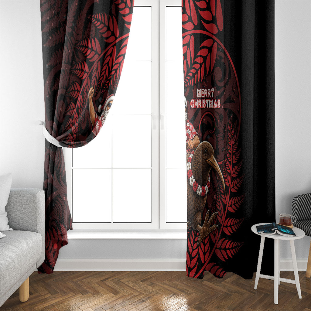 New Zealand Christmas Window Curtain Red Santa Riding Kiwi Bird Silver Fern