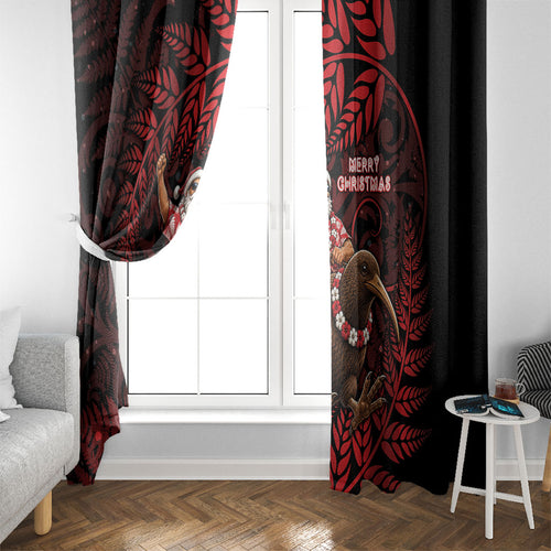 New Zealand Christmas Window Curtain Red Santa Riding Kiwi Bird Silver Fern