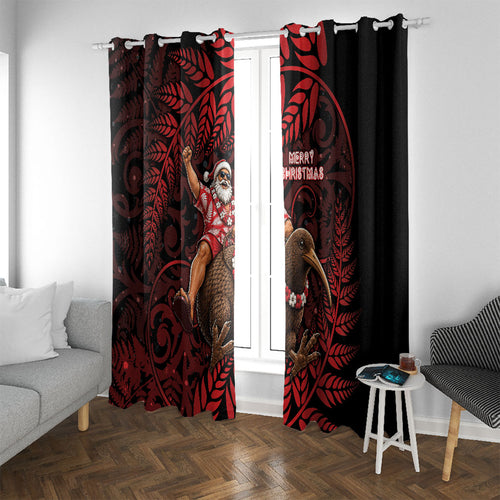 New Zealand Christmas Window Curtain Red Santa Riding Kiwi Bird Silver Fern