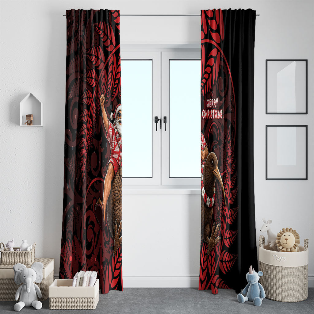 New Zealand Christmas Window Curtain Red Santa Riding Kiwi Bird Silver Fern