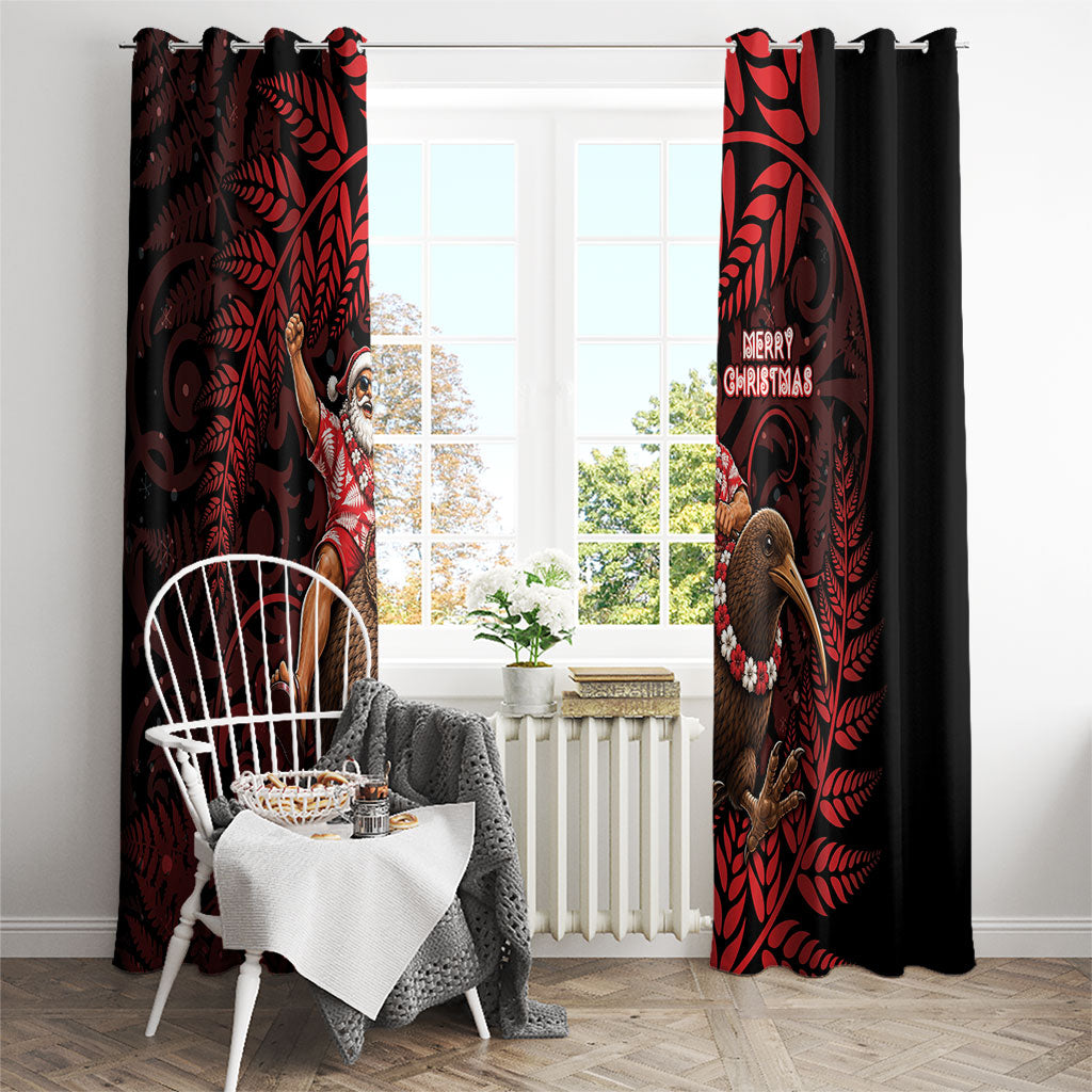New Zealand Christmas Window Curtain Red Santa Riding Kiwi Bird Silver Fern