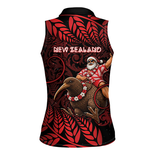 New Zealand Christmas Women Sleeveless Polo Shirt Red Santa Riding Kiwi Bird Silver Fern