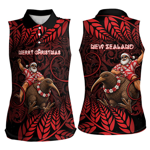 New Zealand Christmas Women Sleeveless Polo Shirt Red Santa Riding Kiwi Bird Silver Fern