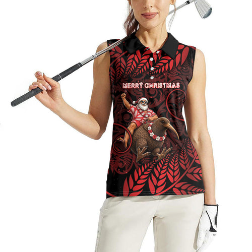 New Zealand Christmas Women Sleeveless Polo Shirt Red Santa Riding Kiwi Bird Silver Fern