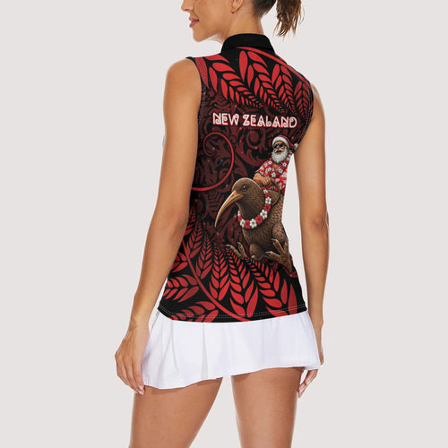 New Zealand Christmas Women Sleeveless Polo Shirt Red Santa Riding Kiwi Bird Silver Fern
