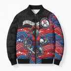 Custom Knights Bomber Puffer Jacket Warrior Mascot With Aboriginal Indigenous