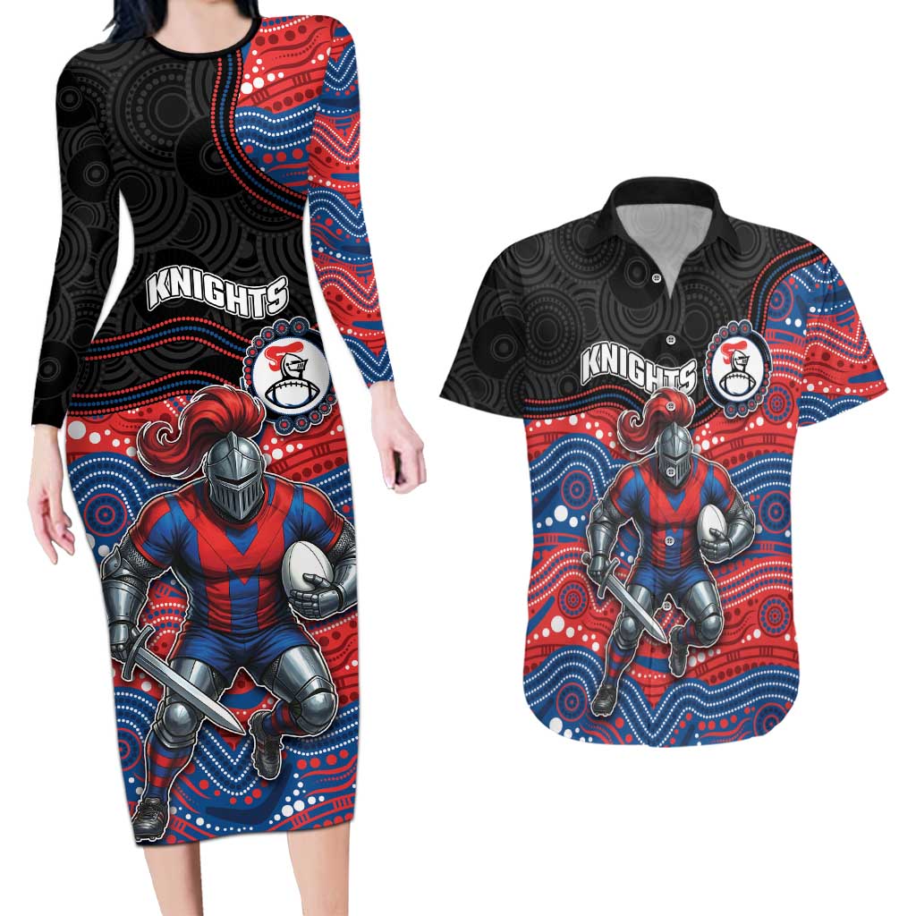 Custom Knights Couples Matching Long Sleeve Bodycon Dress and Hawaiian Shirt Warrior Mascot With Aboriginal Indigenous