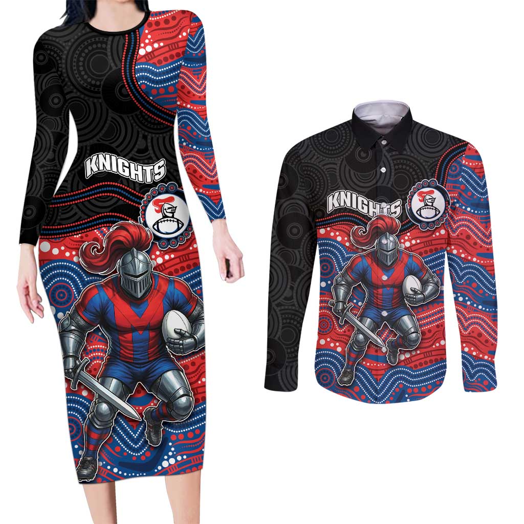 Custom Knights Couples Matching Long Sleeve Bodycon Dress and Long Sleeve Button Shirt Warrior Mascot With Aboriginal Indigenous