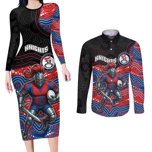 Custom Knights Couples Matching Long Sleeve Bodycon Dress and Long Sleeve Button Shirt Warrior Mascot With Aboriginal Indigenous