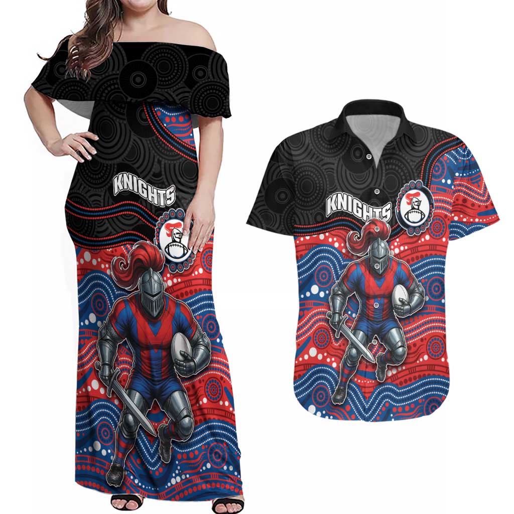 Custom Knights Couples Matching Off Shoulder Maxi Dress and Hawaiian Shirt Warrior Mascot With Aboriginal Indigenous