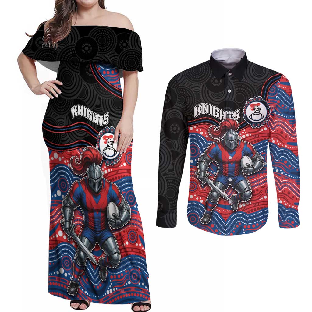 Custom Knights Couples Matching Off Shoulder Maxi Dress and Long Sleeve Button Shirt Warrior Mascot With Aboriginal Indigenous