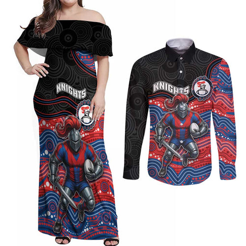 Custom Knights Couples Matching Off Shoulder Maxi Dress and Long Sleeve Button Shirt Warrior Mascot With Aboriginal Indigenous