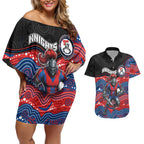 Custom Knights Couples Matching Off Shoulder Short Dress and Hawaiian Shirt Warrior Mascot With Aboriginal Indigenous