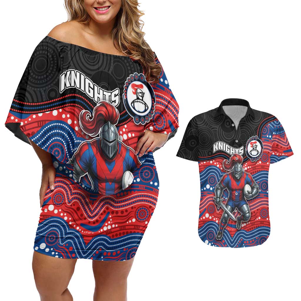 Custom Knights Couples Matching Off Shoulder Short Dress and Hawaiian Shirt Warrior Mascot With Aboriginal Indigenous