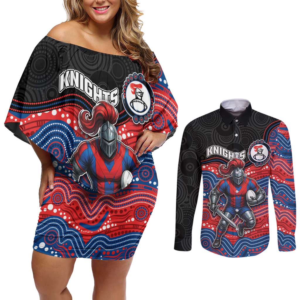 Custom Knights Couples Matching Off Shoulder Short Dress and Long Sleeve Button Shirt Warrior Mascot With Aboriginal Indigenous