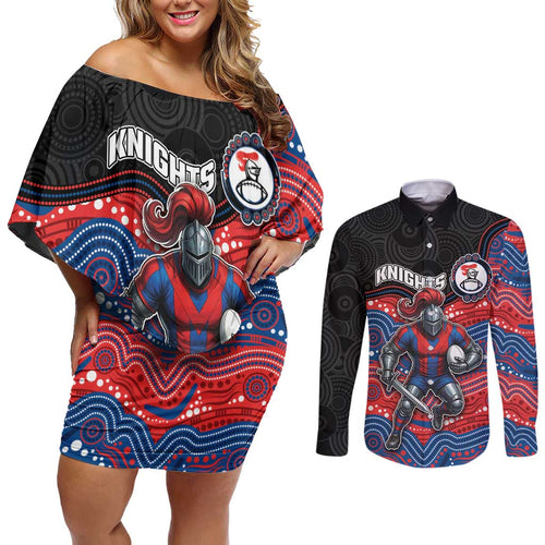 Custom Knights Couples Matching Off Shoulder Short Dress and Long Sleeve Button Shirt Warrior Mascot With Aboriginal Indigenous