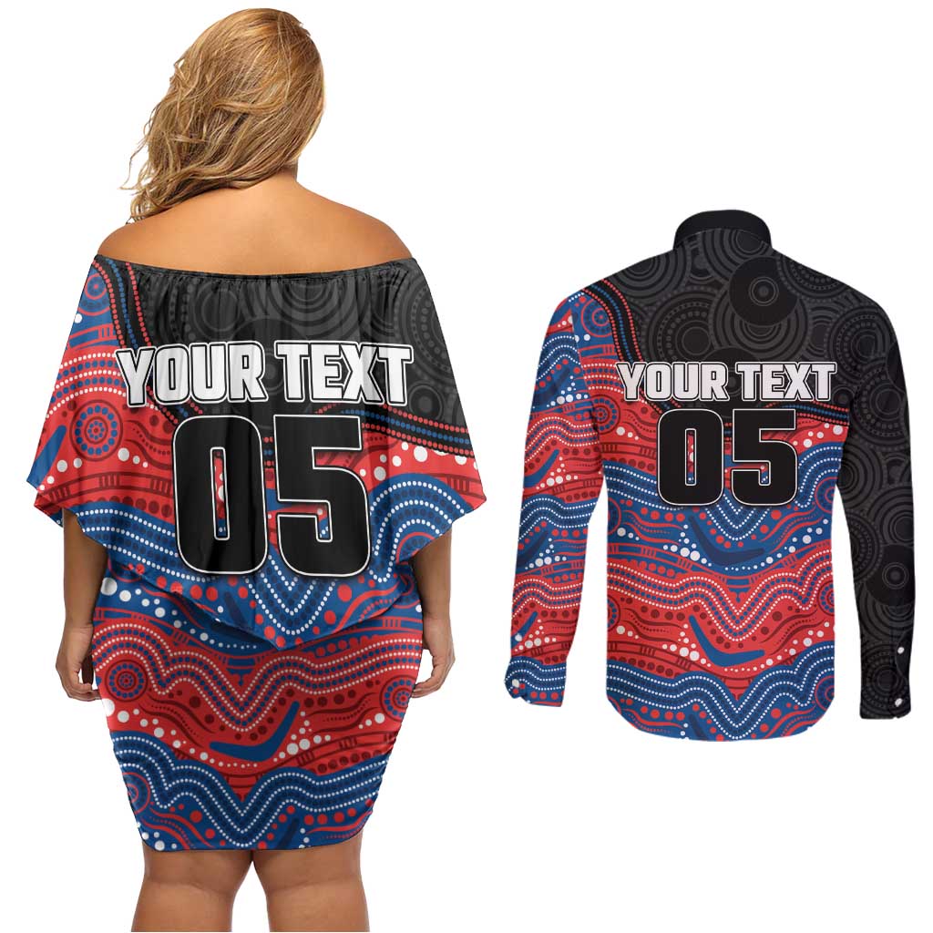 Custom Knights Couples Matching Off Shoulder Short Dress and Long Sleeve Button Shirt Warrior Mascot With Aboriginal Indigenous