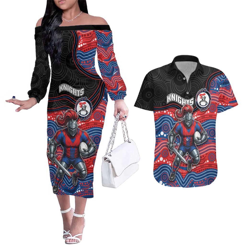 Custom Knights Couples Matching Off The Shoulder Long Sleeve Dress and Hawaiian Shirt Warrior Mascot With Aboriginal Indigenous