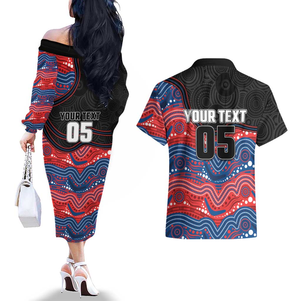 Custom Knights Couples Matching Off The Shoulder Long Sleeve Dress and Hawaiian Shirt Warrior Mascot With Aboriginal Indigenous