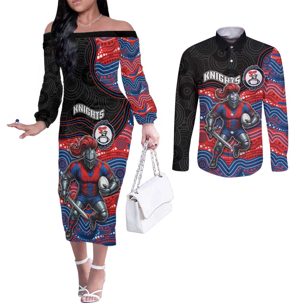 Custom Knights Couples Matching Off The Shoulder Long Sleeve Dress and Long Sleeve Button Shirt Warrior Mascot With Aboriginal Indigenous