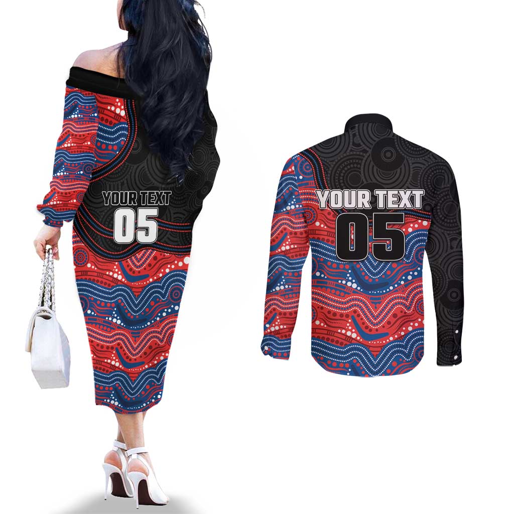 Custom Knights Couples Matching Off The Shoulder Long Sleeve Dress and Long Sleeve Button Shirt Warrior Mascot With Aboriginal Indigenous