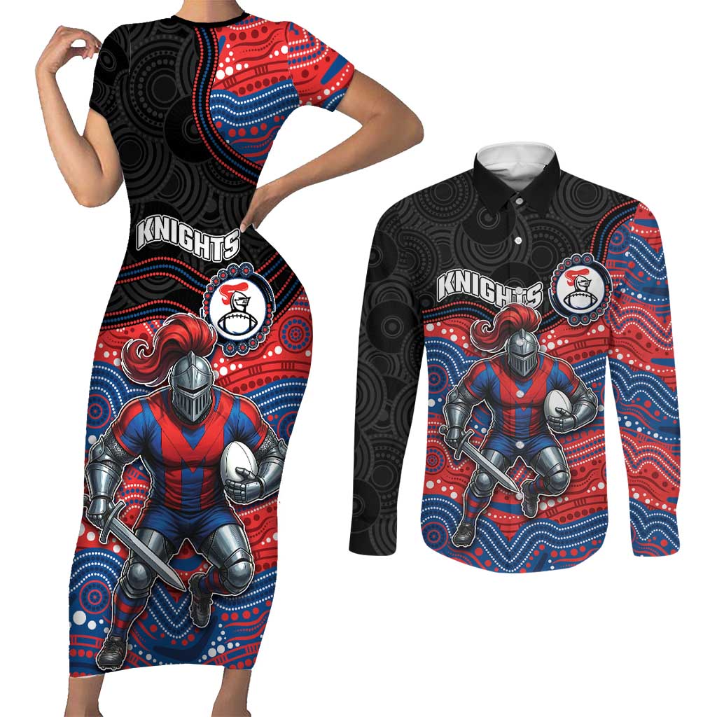Custom Knights Couples Matching Short Sleeve Bodycon Dress and Long Sleeve Button Shirt Warrior Mascot With Aboriginal Indigenous