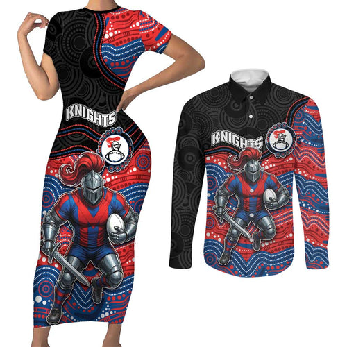 Custom Knights Couples Matching Short Sleeve Bodycon Dress and Long Sleeve Button Shirt Warrior Mascot With Aboriginal Indigenous