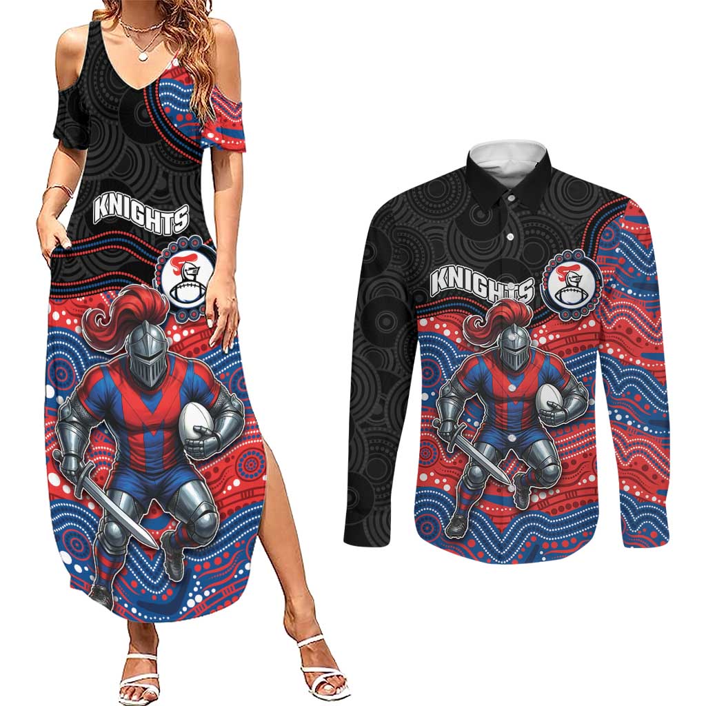 Custom Knights Couples Matching Summer Maxi Dress and Long Sleeve Button Shirt Warrior Mascot With Aboriginal Indigenous