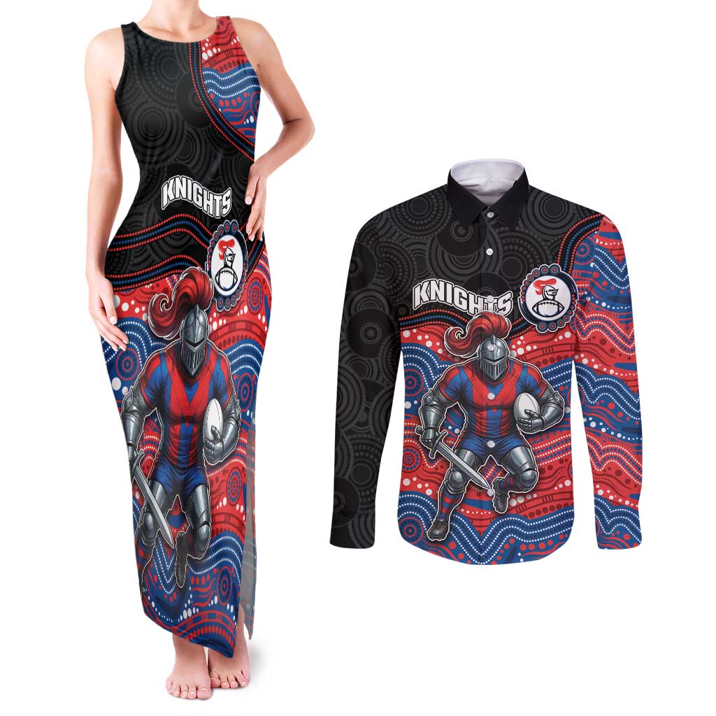 Custom Knights Couples Matching Tank Maxi Dress and Long Sleeve Button Shirt Warrior Mascot With Aboriginal Indigenous