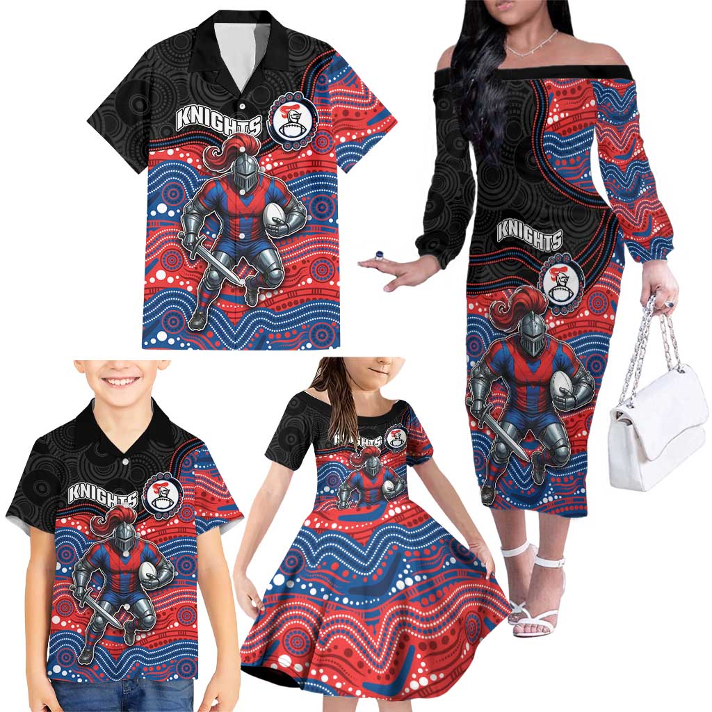 Custom Knights Family Matching Off The Shoulder Long Sleeve Dress and Hawaiian Shirt Warrior Mascot With Aboriginal Indigenous