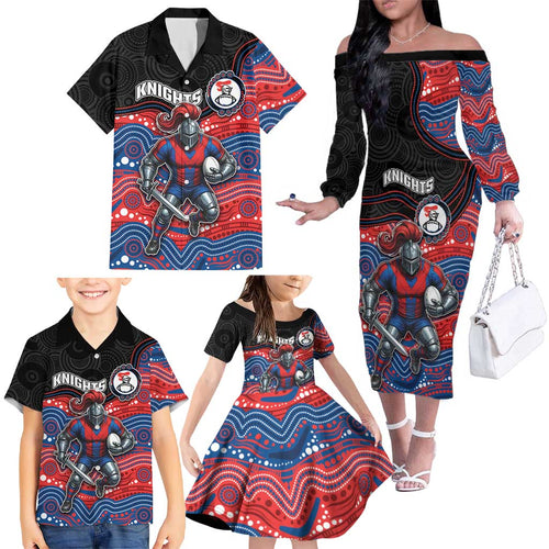 Custom Knights Family Matching Off The Shoulder Long Sleeve Dress and Hawaiian Shirt Warrior Mascot With Aboriginal Indigenous